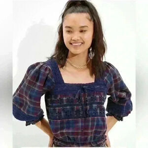 NWT American Eagle Lace Puff Sleeve Blouse Navy Blue Maroon Plaid Size X-Small